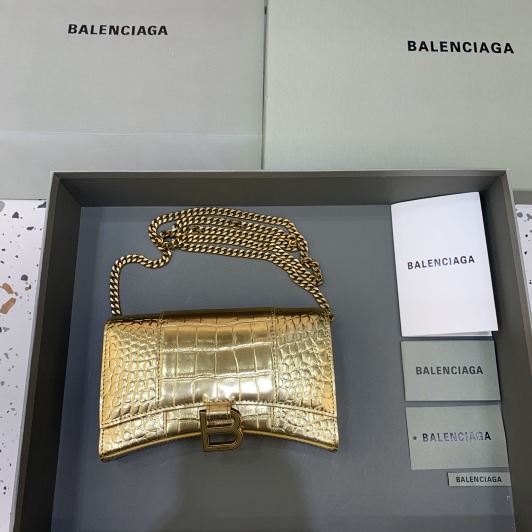 Balenciaga Small Hourglass Wallet With Chain Crocodile Embossed Shoulder Bag Gold